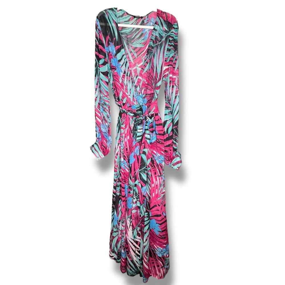 ACEVOG Floral Tropical Sheer Maxi Long Sleeve Dress XXL